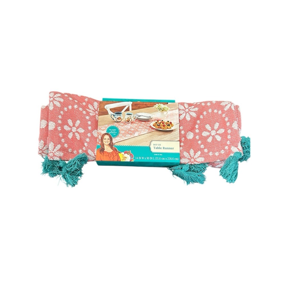 Pioneer Woman Table Runner Daisy Geo Coral Turquoise Tassels NWT ‎ 14"W x90"L